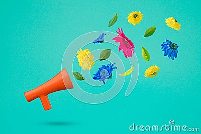 Red megaphone with colorful flowers flying on a turquoise background. Positive news, thinking and energy concept. Optimistic Stock Photo
