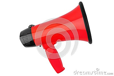 Orange megaphone on white background isolated close up, hand loudspeaker design, red loudhailer or speaking trumpet sign Cartoon Illustration