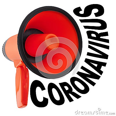 Red megaphone white background isolated close up, word CORONAVIRUS, pandemic dander, covid 19 epidemic, loudspeaker icon Stock Photo