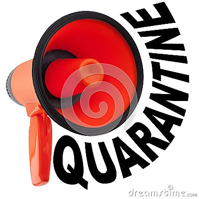 Red megaphone white background isolated close up, word QUARANTINE, Coronavirus pandemic, covid 19 epidemic, loudspeaker icon Stock Photo