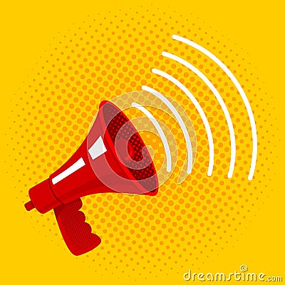 Red megaphone on yellow background. Vector Illustration