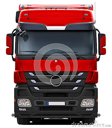 Red Mercedes Actros truck with black plastic bumper. Stock Photo