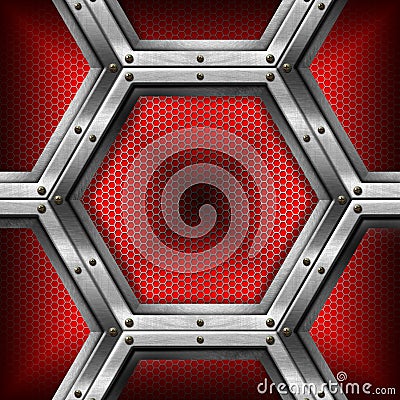 Red and Metal Background with Hexagons Stock Photo