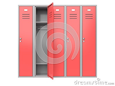 Red metal gym lockers with one open door Cartoon Illustration