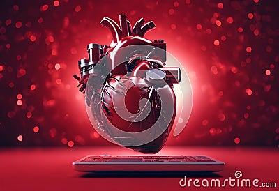 Red metal heart on red background, isolated. 3D rendering for medical publications Stock Photo
