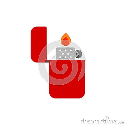 Red metal lighter icon isolated on white background. Classic steel lighter with a flame. Vector Illustration