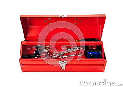 Red metal tool box with tools on white Stock Photo