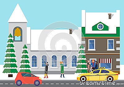 Cars on Road, People near City Building in Winter Vector Illustration