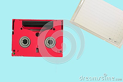 Red 8mm cassette with its box Stock Photo