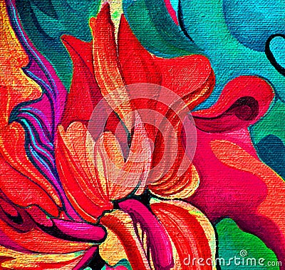 Red mod damask decorative flower oil painting on canvas, illustr Stock Photo