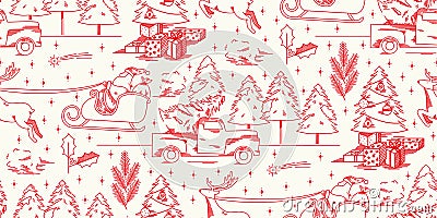Red modern toile de Jouy Christmas pattern repeat fabric print background Vector Illustration