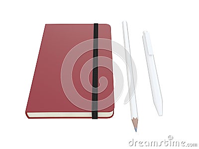 Red moleskine with pen and pencil and a black strap front or top view isolated on a white background 3d rendering Stock Photo