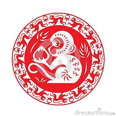 Red monkey zodiac on circle symbol (monkey holding peach) Vector Illustration