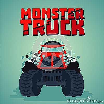 Monster truck. Big car, cartoon style. Isolated illustration. Front view Vector Illustration