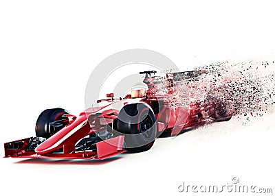 Red motor sports race car front angled view speeding on a white background with speed dispersion effect. Stock Photo