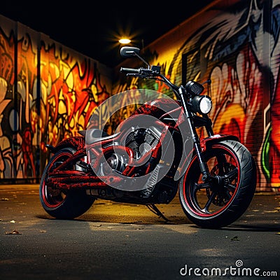 a red motorcycle parked in front of a graffiti-covered at night generative AI Stock Photo