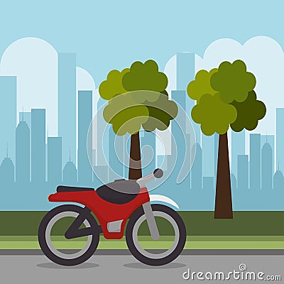 Red motorcycle transport city urban landscape Vector Illustration