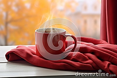 Red mug drink scarf window. Generate Ai Stock Photo