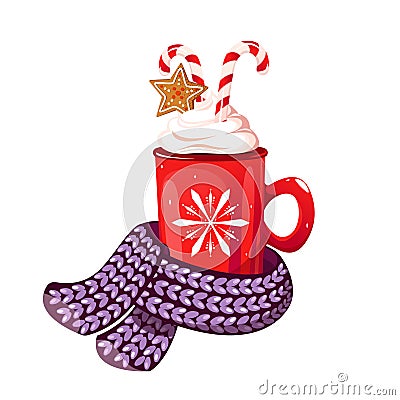 Red mug of hot chocolate, cocoa.wrapped in a warm scarf. Christmas drink. Vector Illustration