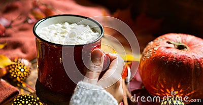 Red mug hot chocolate with marshmallows on table with maple leaves, garlands, cinnamon sticks. Autumn atmosphere, warming coffee, Stock Photo