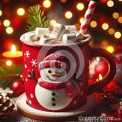 Red mug with hot chocolate with melted marshmallow snowman Stock Photo