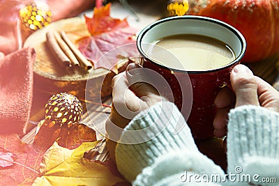 Red mug with hot cocoa on table with fallen maple leaves, round lamps, garlands, cinnamon sticks, warm blanket. Autumn atmosphere, Stock Photo