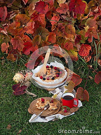 A red mug of tea or strong coffee stands next to a slice of homemade pie Stock Photo