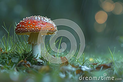 Red Mushroom with Dew Drops in Rainy Forest Ambiance Stock Photo