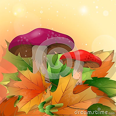 Red mushrooms and autumn leaves on a light background. Cartoon Illustration