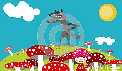 Red mushrooms, girl and wolf Vector Illustration