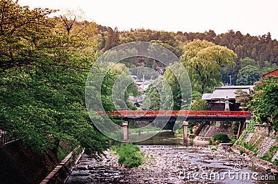 Red Nakabashi bridge over Miyagawa river at Sanmachi Suji old Ed Editorial Stock Photo
