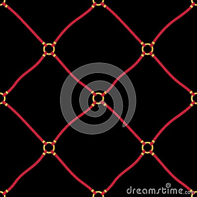 Red Nautical Ropes and Golden Chain Links Diagonal Diamond on Black Background Vector Seamless Pattern.Trendy Net Print Vector Illustration