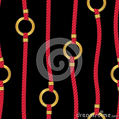 Red Nautical Ropes and Golden Chain Links Stripes on Black Background Vector Seamless Pattern.Trendy Marine Print Vector Illustration