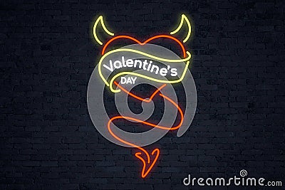 Red neon devil heart for web `Valentine`s Day` Stock Photo