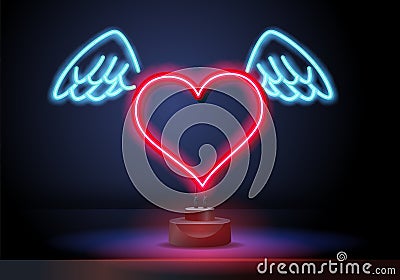 red neon heart with wings. Glowing neon heart with wings on brick wall background. Vector illustration can be used for Vector Illustration