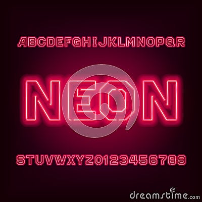 Red neon tube alphabet font. Type letters and numbers. Vector Illustration