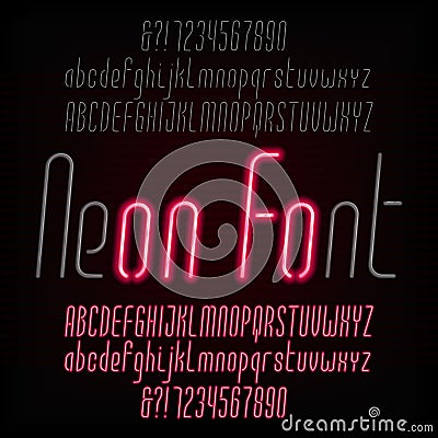 Red neon typeface. Light turn on and off. Modern oblique alphabet. Vector Illustration