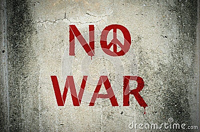 Red No War message and peace symbol graffiti on grunge ciment wa Stock Photo