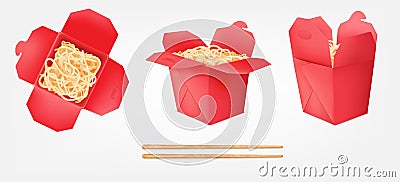 Red noodle box. 3d wok boxes with chinese pasta, takeaway package asian food container takeout china meal rice bag or Vector Illustration
