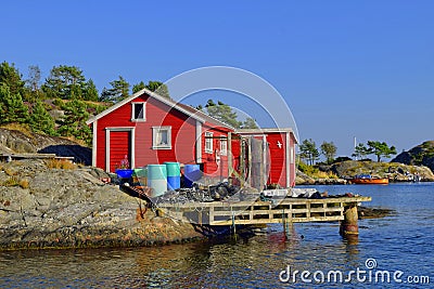 Red Norwegian Fishing House Stock Photo