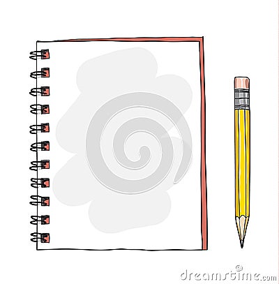 red notebook and yellow pencil hand drawn cute vector art illustration Vector Illustration