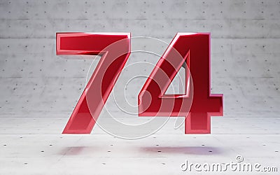 Red number 74. Metallic red color digit isolated on concrete background Stock Photo