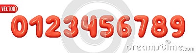 Red numbers from 0 to 9. Collection of voluminous inflated color numbers from balloon. Set of bright bubble spherical Vector Illustration