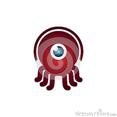 Red Octopus Squid One Eye Monocular Cute Monster Mascot Vector Illustration