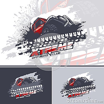 Red Off Road car logo overcoming mud obstacles, logo in three versions Vector Illustration