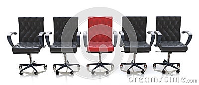 Red office chair among black chairs isolated on white background Stock Photo