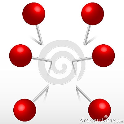 Red office round push pins. 3d push pin. Vector Illustration