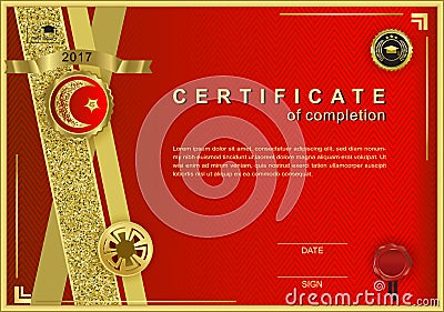 Red official certificate with wafer, emblem, gold design elements Vector Illustration
