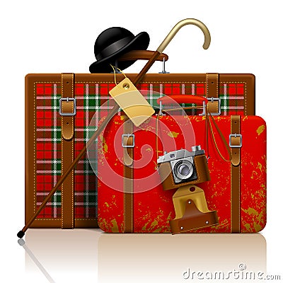 Red old suitcases with walking stick, bowler hat and retro photo Vector Illustration