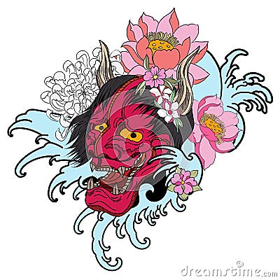 Red Oni mask with Sakura and Peony flower Stock Photo